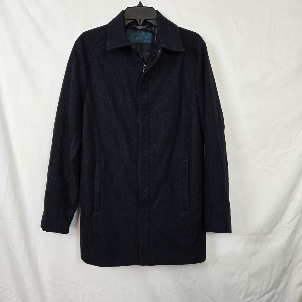Perry Ellis Mens Black Wool Blend Full Zip Lined Career Heavy Coat Small Vintage